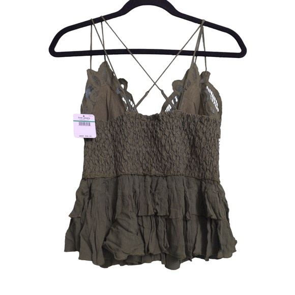 Free People Adella Cami Crochet Lace Flowy Tiered Crisscross Olive Sparrow M New - Picture 4 of 11